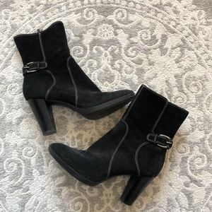 Black Suede Buckle Booties Heels
